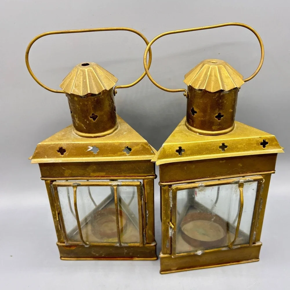 Pair of Vintage Brass Lanterns Candle Holders Glass Panels Decorative Accent